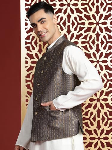 Image of MANQ Men's Kurta With Churidar & Ethnic Motifs Nehru Jacket Set For Wedding, Festival & Formal Occasions