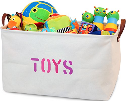 OrganizerLogic Canvas Storage Basket - Large Storage Bin with Handles - Decorative Storage Containers in Beige with Canvas with Pink Lettering- 22