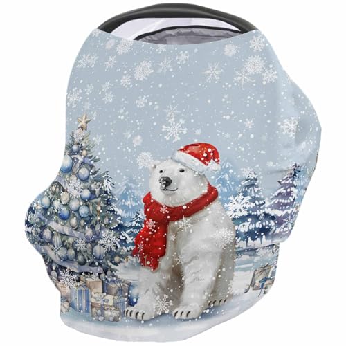 Nursing Cover for Breastfeeding Scarf, White Polar Bear Christmas Trees Falling Snow Baby Car Covers Super Soft Multi Use for Canopy Shopping Cart Cover Blanket Stroller Cover