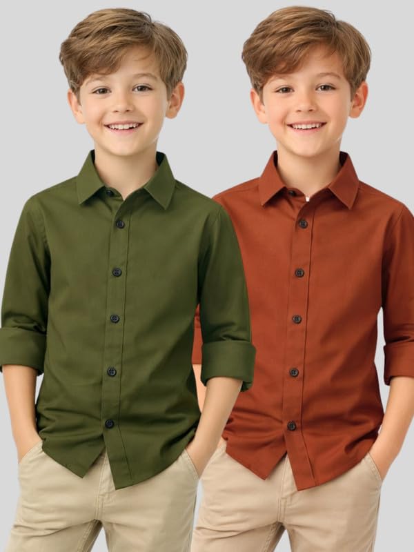 Image of YYQ Pack of 2 Boys Solid Cotton Blend Shirts - Full Sleeve Casual, Soft & Comfortable Spread Collar Shirts for Boys