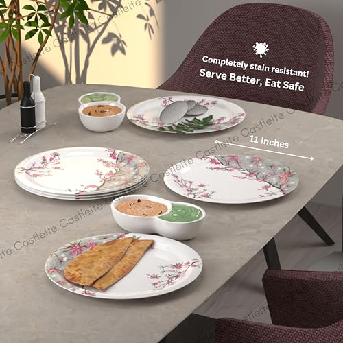 Image of Castleite Piccolo Melamine Dinner Plates Set of 6 - Full Size 11', Break Resistant, Round Designer Plate for Eating or Serving in Home, Kitchen Use or Cafe, Stainless (Rouge Blush)