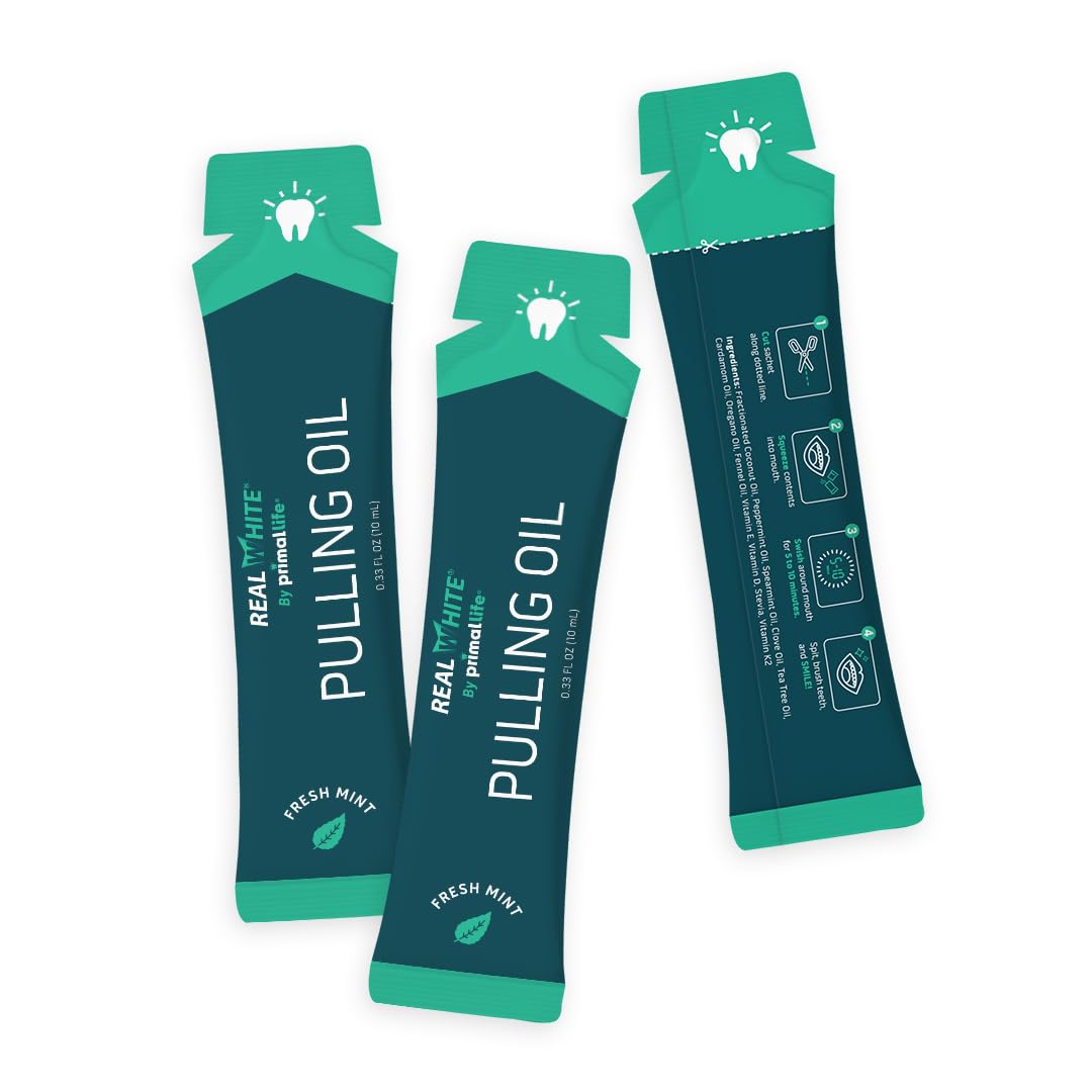 Primal Life Organics – Real White Pulling Oil, Teeth Whitening Mouthwash with Essential Oils, Coconut, Tea Tree, Key Vitamins, Chemical Free, Fluoride Free, 14 Sachets (Fresh Mint, 0.33 oz.)