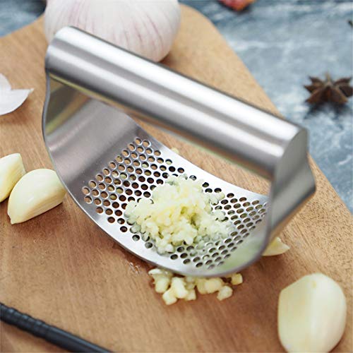 3 Pcs Set Stainless Steel Rocker Garlic Press Ginger Crusher Squeezer with Silicone Tube Garlic Peeler and Cleaning Brush Kitchen Gadget Tool Set