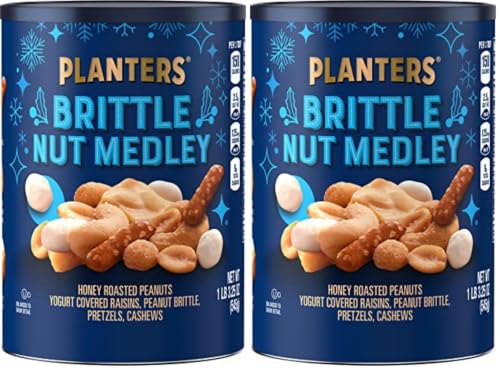 PLANTERS Holiday Brittle Nut Medley Trail Mix Snack with Honey Peanuts, Yogurt Raisins, Peanut Brittle, Pretzels &amp; Cashews, Holiday Snack, Party Nut Mix, 1 lb. Canister (Pack of 2)