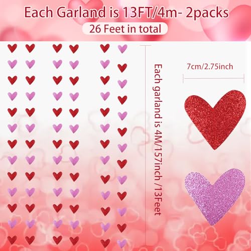 Image of Valentines Day Decorations Glitter Pink Red Heart Garland Banner, 2Pcs Heart Streamers Valentines Banner for Outdoor Indoor Home Galentines Day Anniversary Wedding Decor
