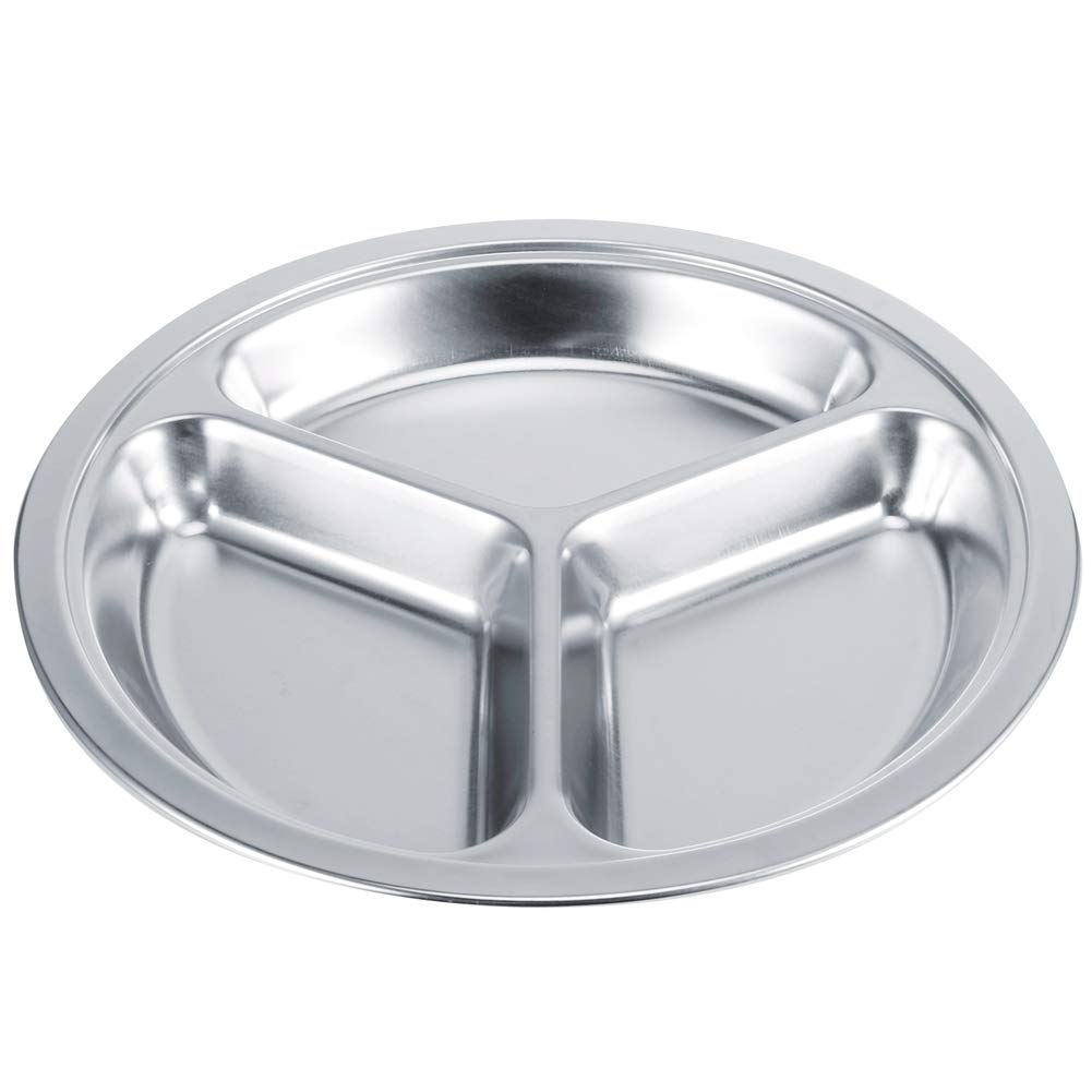 5 assiettes à dîner rondes en acier inoxydable 304 épais, plateau de service pour enfants avec compartiments profonds, vaisselle de qualité alimentaire pour la maison, la maternell (3 cavités)
