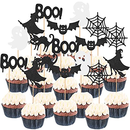 48 Pcs Halloween Cupcake Toppers Bat Ghost Witch Cupcake Picks Glitter Halloween Cake Cupcake Topper Decorations For Halloween Party Decoration Supplies #TOP1