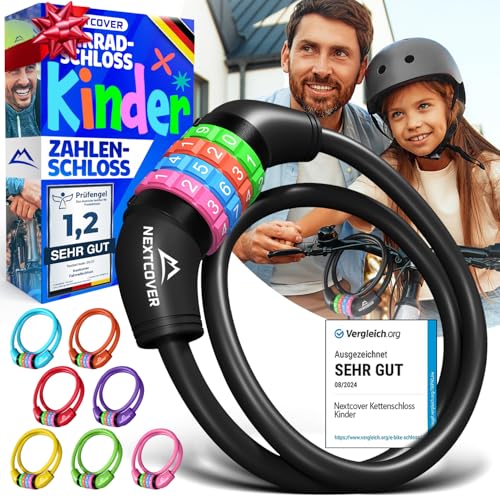 NEXTCOVER Fahrradschloss Kinder mit 4-stelligem Zahlencode I Kinder Fahrradschloss - Ideal für Roller Fahrrad & mehr I Zahlenschloss Fahrrad mit bunten Zahlen - Roller Schloss Extra robust & sicher