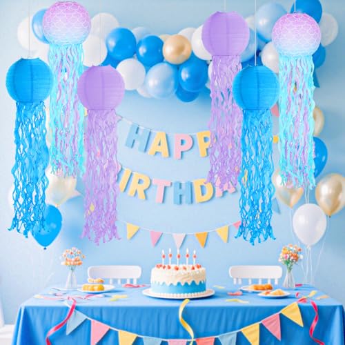 Image of Set of 6 Hanging Jellyfish Paper Lanterns Blue Jellyfish Decor for The Sea Ocean Party, Mermaid Birthday Decoration, Baby Shower, Nautical Events (Multi-Color 2)