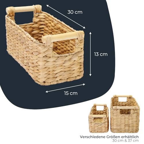 HMF Aufbewahrungskorb geflochten aus Wasserhyazinthe, dekorativer Korb mit Holzgriffen zur Aufbewahrung für Badezimmer, Wohnzimmer, Küche | 30 x 15 x 13 cm | Natur