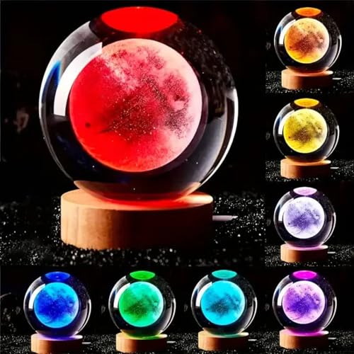 GITGRNTH 3D Crystal Ball Lamp with 16 Colors Changing LED Wooden Base - Solar System Night Light, Galaxy Lamps, Galaxy Crystal Ball Light with USB (16 Color Moon)