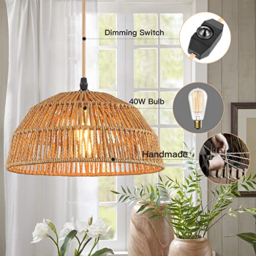 Plug In Pendant Light, Farmhouse Hanging Chandelier Lights With 15Ft Golden Cotton Cord, Ceiling Lamp With Dimmable Switch, For Kitchen Island Living Room-2 Pack (Bulb & 4 Swag Hooks Included) #TOP2