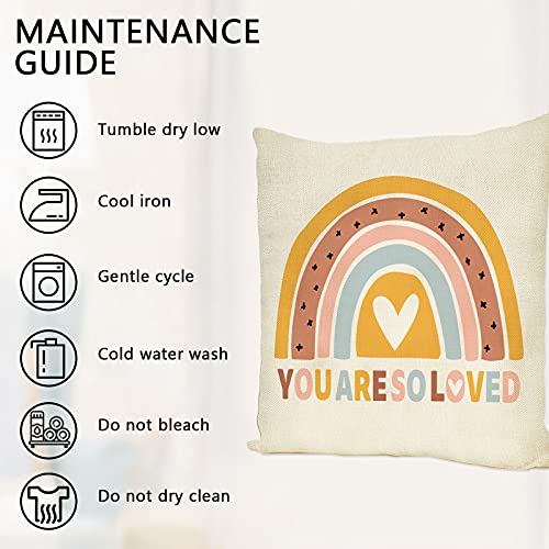Image of Boho Rainbow Home Decorative Throw Pillow Cover, You are So Loved Inspirational Quote Heart Cushion Case 18x18 for Girls Kids Bedroom Nursery Decor Bohemian Neutral Baby Shower Decoration Gifts