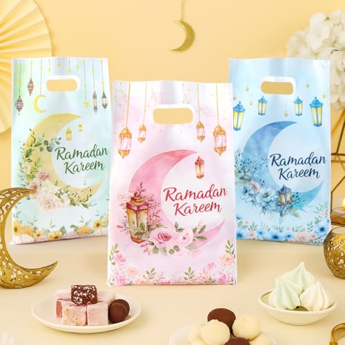 25 peças de sacos de presente Ramadan Kareem, estampa de flores de lua em aquarela, tema Eid, 4 cores, sacos de doces de plástico misturado com alça, bolsa de lanche para brindes de festa islâmicos