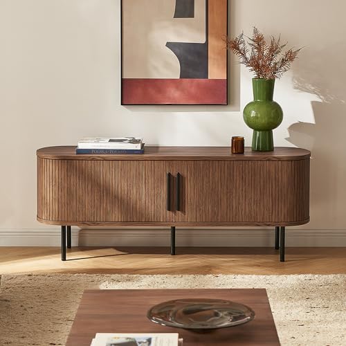 mopio Quin 59' Tambour TV Stand, Mid-Century Modern Television Stand for 55/60/65 inch TV, Fluted Entertainment Center with Bigger Storage, Wood Media Console Credenza Cabinet for Living Room (Walnut)