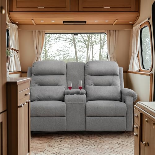Image of RV Loveseat Recliner with Console, Reclining Loveseat Sofa, Manual Home Theater Seating with Pockets /Cup Holders for Living Room /RV Furniture (Linen Ash)