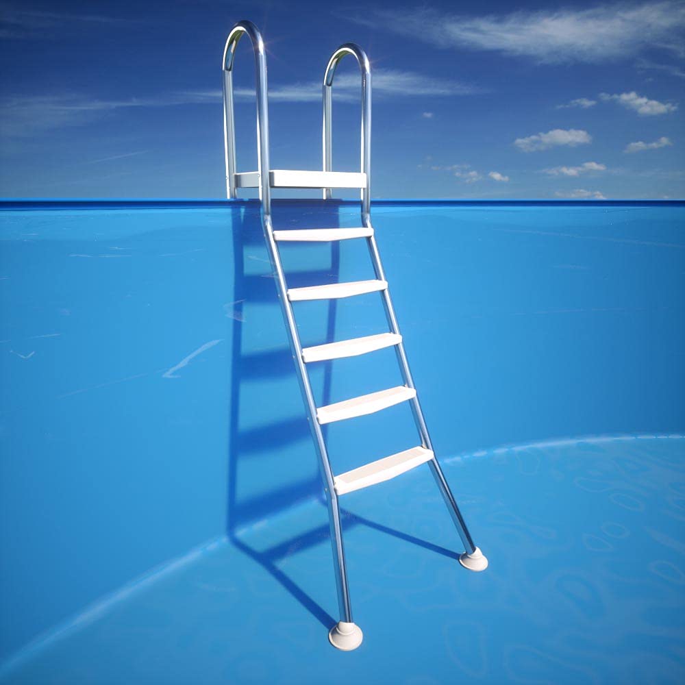 Poolleiter aus V2A Edelstahl - 5-stufige Hochbeckenleiter für teileingelassene Pools - Für Beckenhöhe bis 1,50 m - Belastbar bis 120 kg - Sicherer Stand