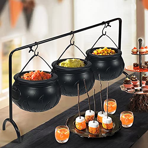 Halloween Decor - Halloween Party Decorations - Set of 3 Witches Cauldron Serving Bowls on Rack - Black Plastic Hocus Pocus Candy Bucket Cauldron for Indoor Outdoor Home Kitchen Decoration