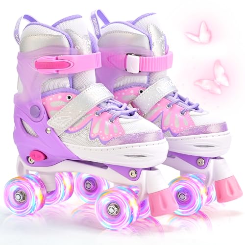 NEMONE 4 Size Adjustable Light up Roller Skates for Girls, Butterfly Roller Skates for Kids Ages 4-6 5-8 6-12 8-12, Todder Beginner Skates Indoor Outdoor Pink Purple S