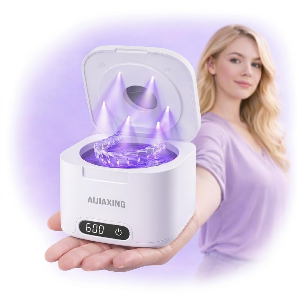 Ultrasonic Retainer Cleaner with UV Light, 49kHz Dental Ultrasonic Cleaner Machine with Digital Timer,Stainless Steel Tank for Retainers, Aligners, Dentures, Night Guards & Jewelry-White