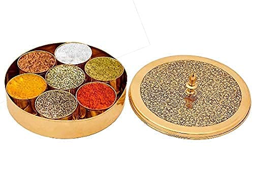 Brass Spice Box Set - 7 Compartments with Spoon -1 Brass Spice Box Set - 7 Compartments with Spoon -1