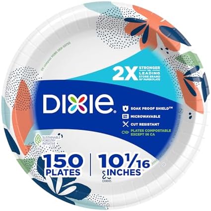 Dixie Large Paper Plates, 10 Inch, 150 Count, 2X Stronger*, Micro...