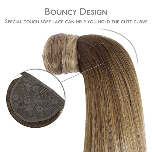 Wennalife Ponytail Hair Extension, 22 Inch 80G Balayage Chocolate Brown Ombre Blonde Highlights Ponytail Extension Human Hair Clip In Wrap Around Remy Human Hair Extension Hairpieces #TOP2