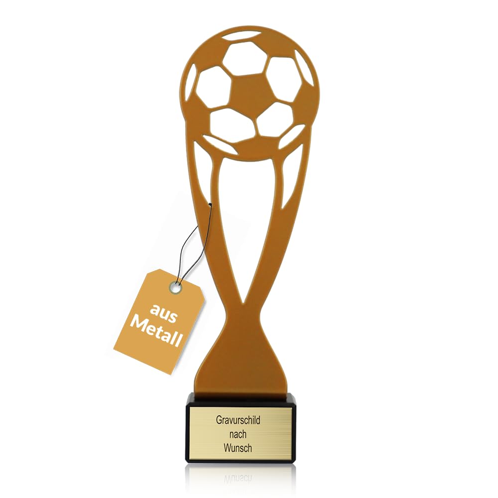 Pokal-Fabrik Pokal mit Gravur Wunschtext – Gold Trophäe aus Metall – Personalisierte Auszeichnung für Fußball WM & Sport Events – 21 cm inkl. Steinsockel