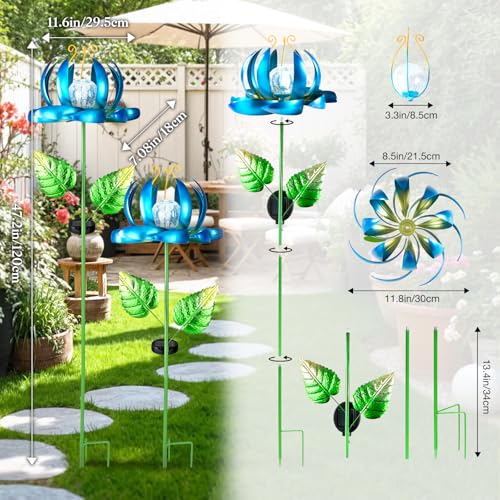 Image of Solar Yard Lights Wind Spinners- Metal Lotus Flower Garden Decor LED Crackle Glass Globe Yard Art Sculpture Solar Stake Lights for Patio Pathway Lawn Walkway (Blue-Large)