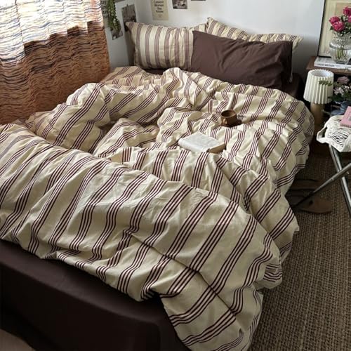 Image of Striped Duvet Cover Set Twin Size Reddish-Brown Stripes Comforter Cover Retro Vertical Ticking Stripes Pattern Soft Breathable Microfiber Bedding Set with Zipper Closure and 1 Pillowcase