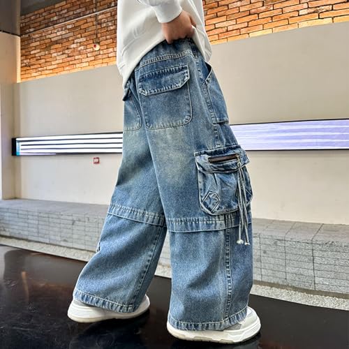 Baggy Cargo Jeans for Teen Boys Kids Casual Relaxed Fit Elastic Waist Wide Leg Tassel Zipper Denim Pants with Pockets4