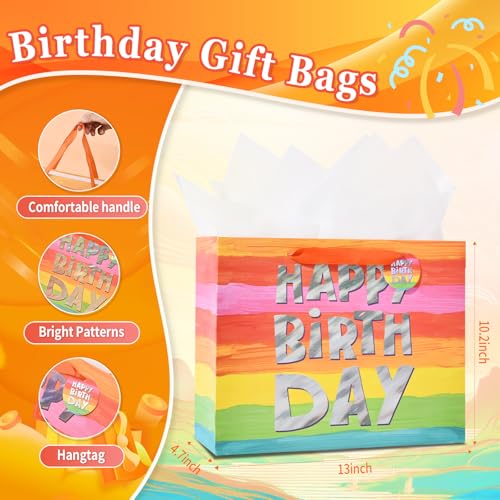 Image of Powbrace 13 inch Colorful Happy Birthday Gift Bags with with Tissue Paper and Greeting Card for Party,Happy Birthday Gift Bag for Men Women,Gift Bags Medium size (1 PCS Colorful)