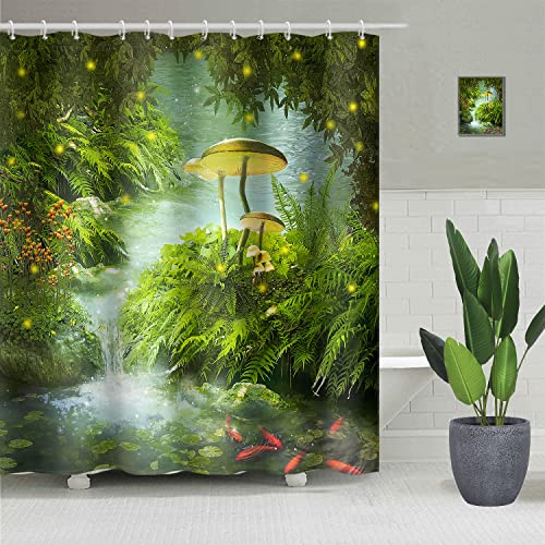 SDOTPMT 180x180cm Hada Bosque Cortina de baño Magia Fantasía Champiñón Verde Césped Árbol...