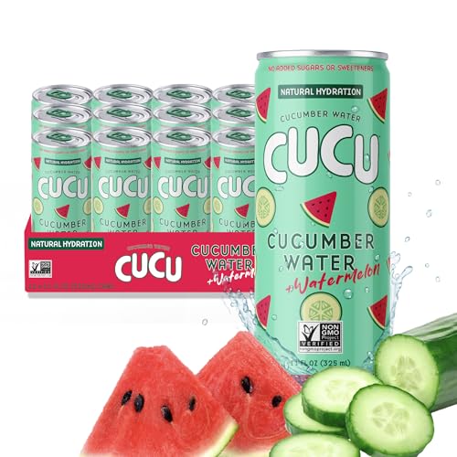Image of CUCU Pressed Cucumber + Watermelon Water - Real Juice from Fresh Cucumbers and Watermelons with Vitamin C, Electrolytes & Antioxidants - No Sugar Added, Non-GMO - 11 fl oz Cans, 12 Pack