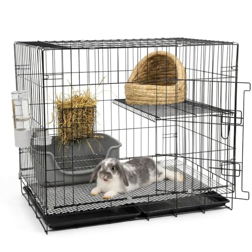 Kaninchenstall 2-stöckig mit 5-teiligem Zubehör-Set – Faltbarer Hasenkäfig 82,5×60,5×70 cm – Spritzschutz-Kotkasten, Metall-Heurack, Trinkflasche, Strohnest – Kleintiere Innen