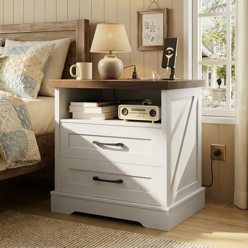 AODK 24 Inch Farmhouse Nightstand with Charging Station Wood Bedside Table with 2 Drawers and Open Shelf Rustic End Table with Outlet and USB White & Dark Walnut