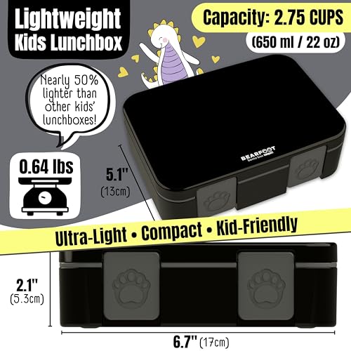 Image of BEARFOOT Kids Lunch Box with Compartments - Compact & Lightweight | Leak-Proof, BPA-Free, Dishwasher Safe | Hand-Drawn Design for Preschool, School, Travel (Black, 2.75 Cups)