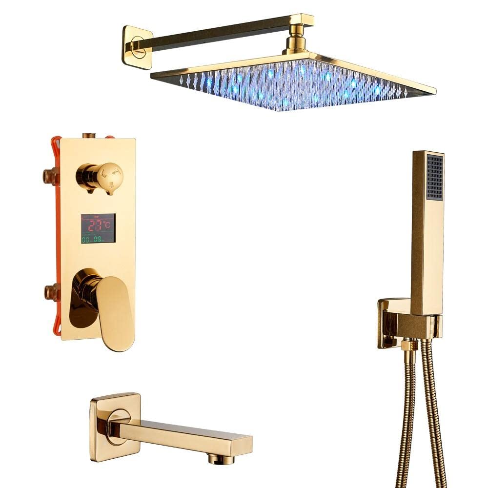 ASerZenith Gold Digital Shower Faucets Set LED Rainfall Shower Head Golden 3-Way Digital Temp Display Mixer Tap Tub Spout Shower(size_name-8In)