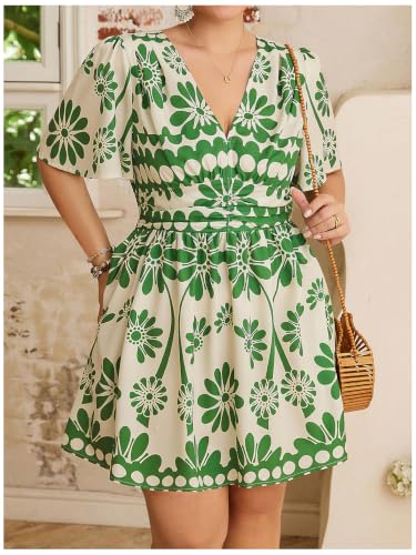 Image of Floerns Women's Plus Size Printed V Neck Short Sleeve Ruffle Hem Summer Short Dresses