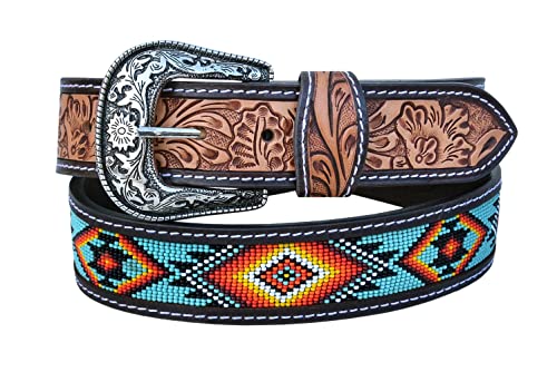 Western Beaded Leather Belt Tooled belt Unisex with Removeable Buckle 30AB002