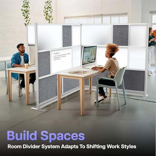 Image of Room Divider for Office Privacy - Modular Freestanding Partition with Whiteboard, PET Acoustic Panel, and Frosted Acrylic, Workflow Multi-Functional Wall, Gray Frame, Easy Assembly (70 inch x 70 inch)