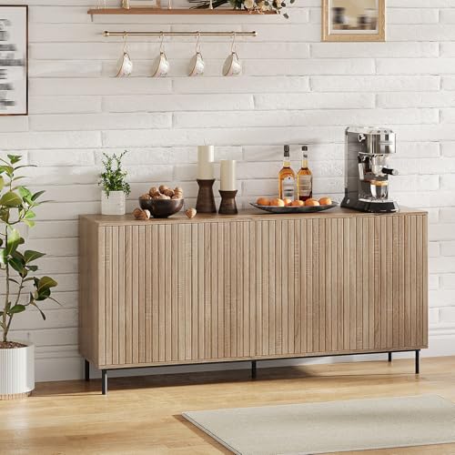 63" Fluted Sideboard Buffet Cabinet with 4 Doors, Modern Accent Storage Cabinet with Adjustable Shelves and Metal Legs, Console Table Coffee Bar Credenza for Living Room Dining Room- Natural Oak
