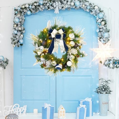 24 Inch Christmas Wreaths for Front Door, Prelit Silver Blue Christmas Wreath with 20 LED Lights Pine Cones Ball Ornaments Snowflakes for Fireplace Mantle Indoor Outdoor Xmas Decor