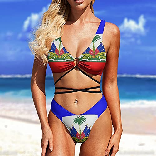 Novelty Bikini Sets Haitian Flag Swimsuits For Women, Full Coverage Summer Bathing Suits High Waist And High Leg Cut Swimwear For Beach Surfing Party, M #TOP4