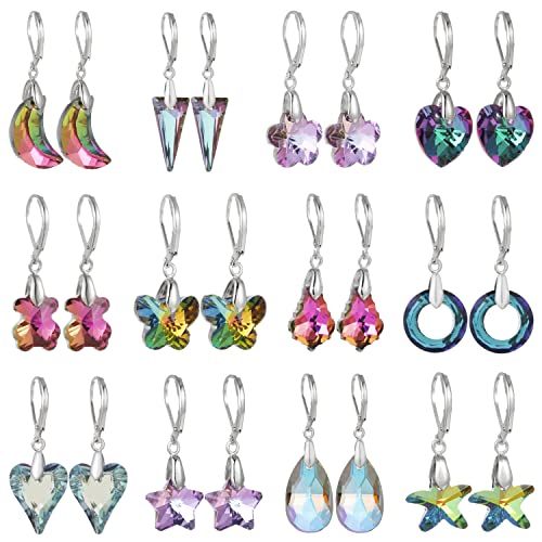 9-12 Pairs Silver Cubic Zirconia Earrings Set, Sparkling Crystal CZ Round Starfish Heart Teardrop Dangle Drop Healing Gemstone Copper Hypoallergenic Leverback Hoop Earring for Women Girls