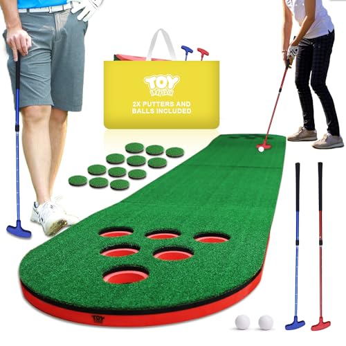 Golf Pong Putting Game Set with 2 Putters 2 Balls, 10 Feet Battle Putt Golf Game Putting Green Mat for Adults, Indoor Outdoor Backyard Party Practice Training Aid
