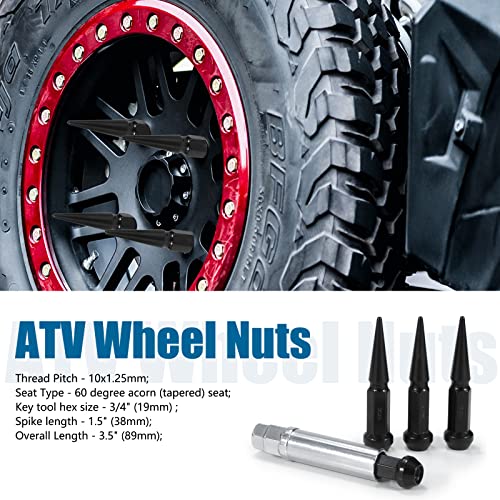 Image of JiiinMiiin M10x1.25 Long Steel Spike Lug Nuts, Thread Pitch 10x1.25, Set of 16 ATV Wheel Nuts with A Socket. [Black]