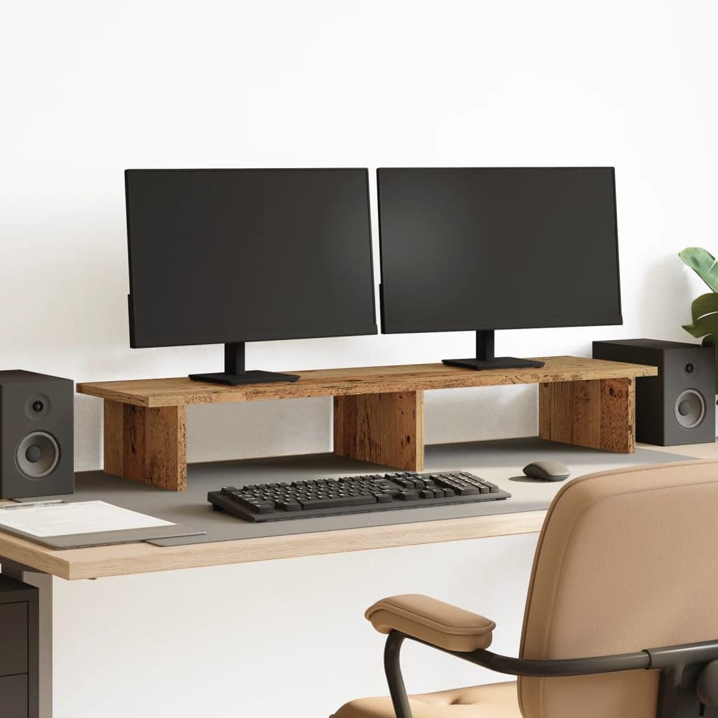 Supporto per monitor, effetto legno anticato, 100 x 27 x 15 cm, per postazione di lavoro ergonomica, regolabile in altezza, pieghevole, portatile, con organizer, ideale per casa, gaming e
