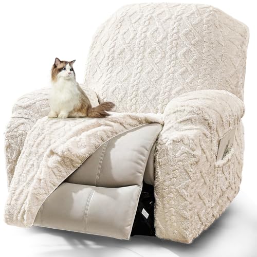 Image of JOKIVTOU Recliner Chair Covers 4-Pieces, Soft, Stretchable, White, Modern Home Decor, Furniture Protector with Elastic Straps Bottom, Storage Pocket on Arm Cover