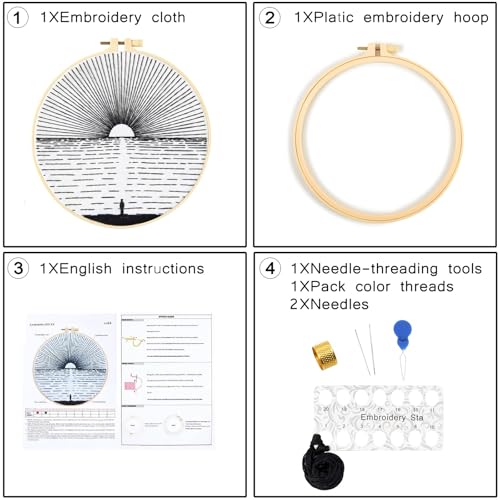 Image of Crafmanoe Hand Embroidery Kits for Beginners Adults, Ocean Sunrise Embroidery Starter Kits, Counted Cross Stitch Kits for Beginners Adults Hobbies Sets for Women, Embroidery Hoops, Fabric and Thread